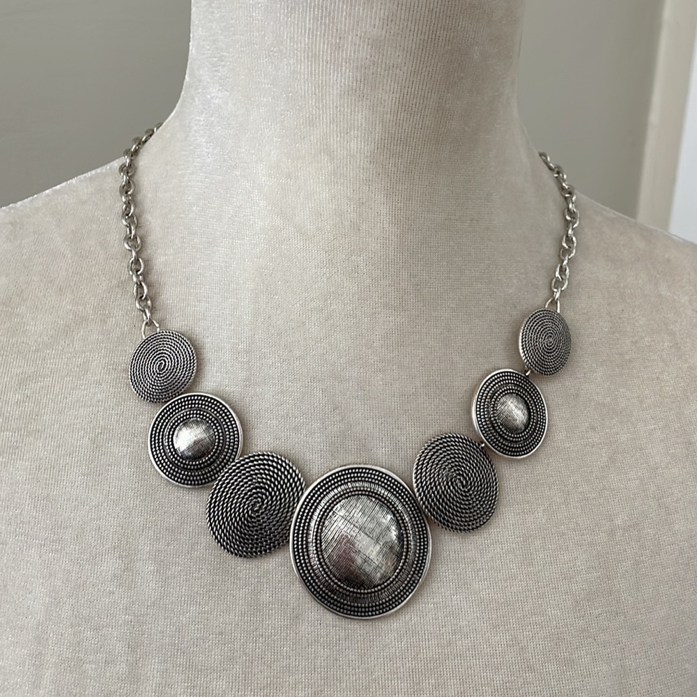 Silver Statement Necklace With Textured Circular … - image 3